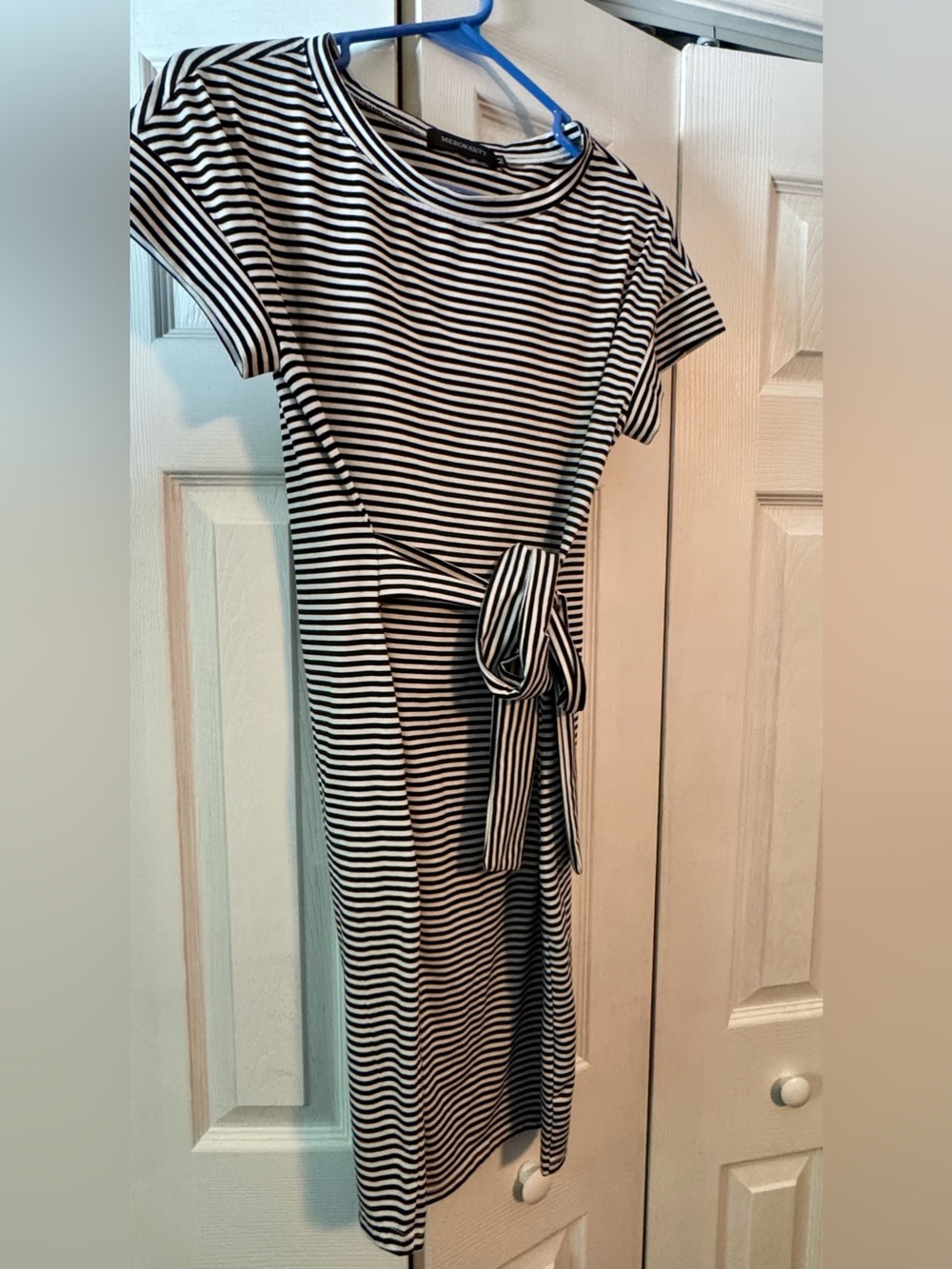 Black and White Striped Midi Dress with Tie Waist